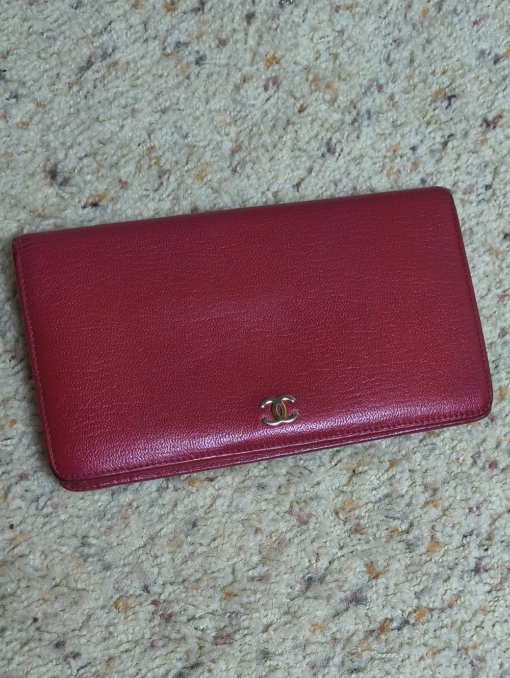 Chanel Dark Red Leather Long Flip Gold CC Logo Bifold Wallet